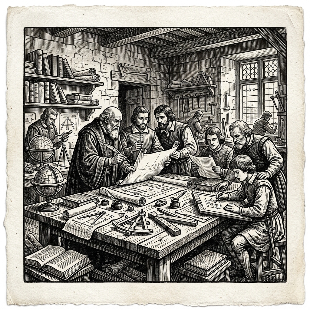 Renaissance workshop — artisans collaborating on strategy